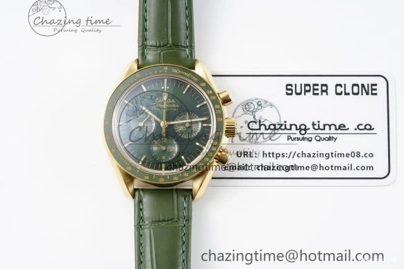 0404 Speedmaster Moonwatch in Moonshine Gold YG RMF Best Edition Green Dial on Green Leather Strap Manual Chrono EasyCare 7832